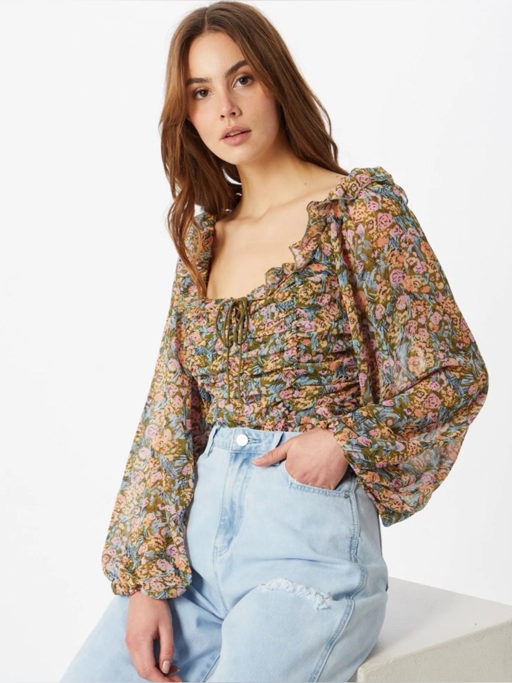 FREE PEOPLE Size S Mabel Printed Blouse GARDEN COMBO COLORWAY RUCHED SMOCKED